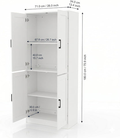 DIYART 71" Tall Kitchen Pantry Cabinet, Freestanding Food Storage Organizer with Doors & Adjustable Shelves, Large Utility Hutch Cupboard for Dining Room, Kitchen & Home Office, White