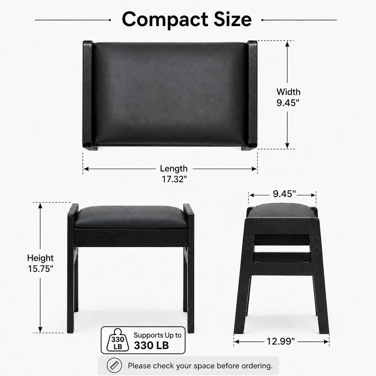 BAMBOOHOMIE Foot Stool Ottoman, Modern Vanity Stool Chair for Makeup with Removable Cushion & Side Handles, Bamboo Ottoman for Living Room Bedroom Office, Small Foot Rest for Couch (Black - Black)