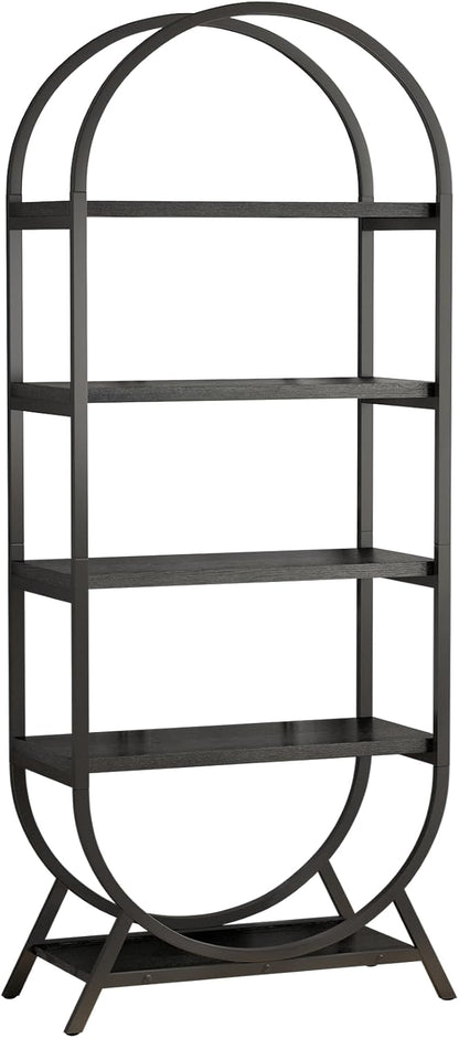 Arched Bookshelf,5-Tier Tall Wide Open Bookshelf,Modern Brown Storage Bookshelves, Freestanding Display Rack Shelving Unit for Office, Bedroom, Living Room, Easy Assembly, Black