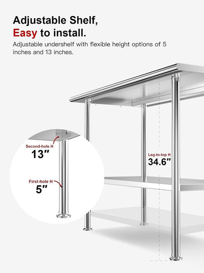 Atelicf NSF Stainless Steel Prep Table 24X48 inch with Backsplash | Commercial-grade table for restaurants, kitchens, food trucks, breweries, bars, garages, and outdoor BBQ