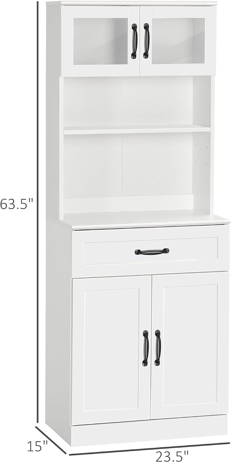63.5in Premium Elegant 4-Door White Freestanding Kitchen Buffet Cabinet with Hutch Adjustable Shelves & Coffee Bar Modern Design