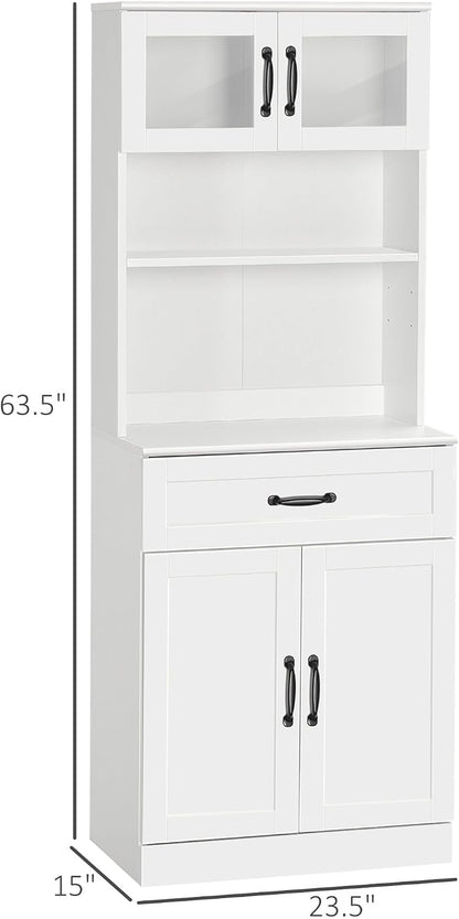 63.5in Premium Elegant 4-Door White Freestanding Kitchen Buffet Cabinet with Hutch Adjustable Shelves & Coffee Bar Modern Design