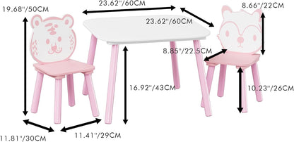 Kids Table and Chair Set 3-Piece Wooden Toddler Desk with Animal Backrest Pink and White Activity Table for Drawing Learning Playroom or Nursery