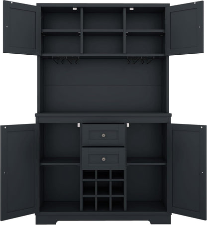 Merax 73.8" Kitchen Pantry Storage Cabinet, Freestanding Larder Cupboard, Kitchen Hutch Cabinet with Drawers Shelves and Cabinets, Buffet Cabinet Wine & Glass Racks for Dining Room, Living Room, Blue