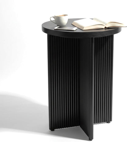 Fluted Side Table, Small Oak End Tables, Round Top, Living Room Side Table, Solid Natural Oak Wood X Base, Black Accent Bedside Table With Double Veneer Top, Size 22.5 with Levelers Included