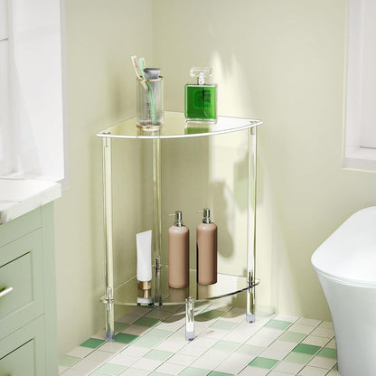 Clear Triangle Acrylic Side Table for Small Space, 11.81" L x 11.81" W x 19.82" H, 2-Tier Corner Shelf Stand End Table for Living Room Bedroom, Corner Display Rack Storage Shelf for Bathroom