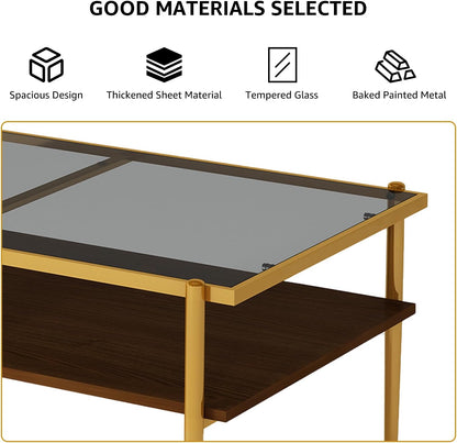 ODUSE-DAILY Coffee Table and End Table 3 Piece Living Room Set, Gold Metal Frame Glass Top End Tables, Square Top Shelf, Sofa or Couch Side Tables, Mesa de Centro para Sala (3 Pcs)