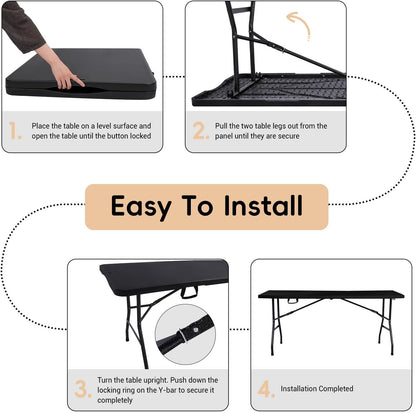 pollilar Folding Table 6FT Heavy Duty Portable Plastic Foldable Table Black | 6 Foot Fold-in-Half Utility Desk for Outdoor Camping Party Dining Wedding Events Picnic Indoor Working Meeting Banquet BBQ