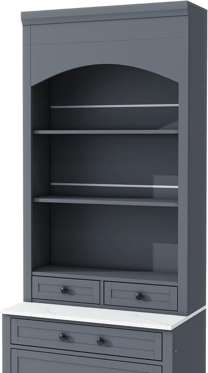 83.7inch High Kitchen Pantry with 5 Storage Drawers and Adjustable Shelf, Wood Freestanding Tall Kitchen Hutch Display Cupboard Cabinet with Faux Marble Top for Dining Room, Set of 2 (2, Gray-T)