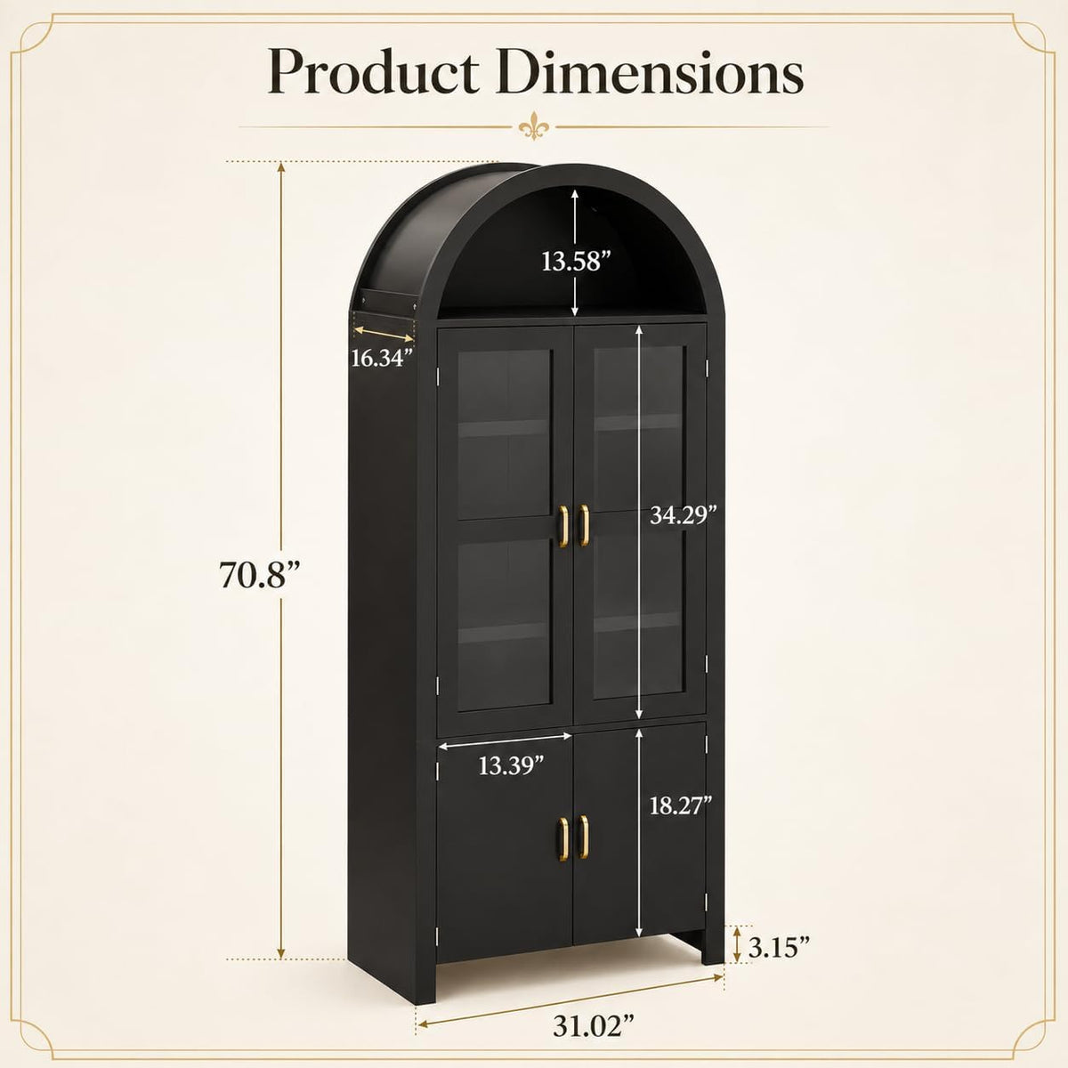71" Tall Arched Kitchen Pantry Cabinet, Modern Farmhouse Wood Kitchens Storage Cabinets, Cupboard for Dining Room, Kitchen, Bathroom, Black