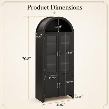 71" Tall Arched Kitchen Pantry Cabinet, Modern Farmhouse Wood Kitchens Storage Cabinets, Cupboard for Dining Room, Kitchen, Bathroom, Black