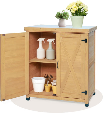 31" Sturdy Living Room Cabinet, Practical Cabinets with Weatherproof Wood, Storage Locker with Magnetic Door for Outdoor Patio, Light Brown