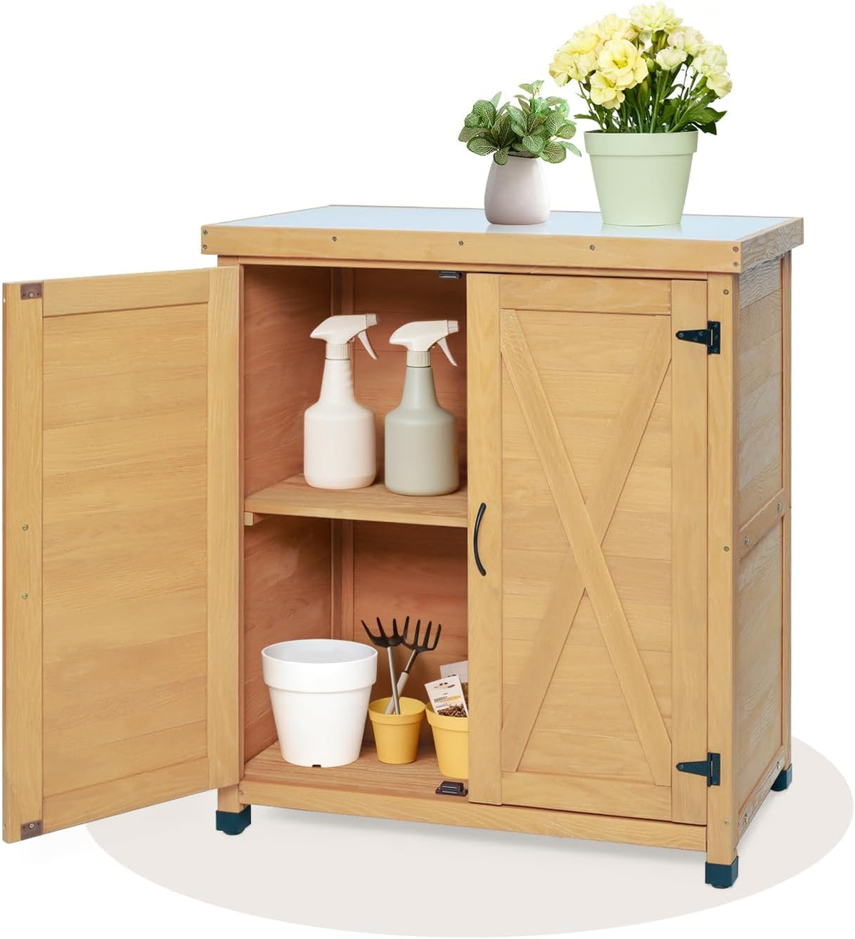 31" Weatherproof Small Storage Cabinet, Storage Cabinets with X-Shape Sturdy Design, Tool Cabinet with Magnetic Door for Patio and Garage, Light Brown