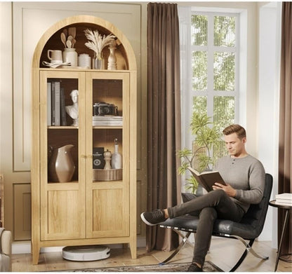 Light Brown Tall Arched Cabinet with Glass Doors Storage Cabinet Engineered Wood Display Cabinet for Kitchen Dining Room Living Room Anti Tip Design