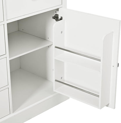 72" H Kitchen Pantry with Glass Doors, Wooden Freestanding Display Storage Cabinet with 5 Drawers and Serving Trays, Large Cupboard with Adjustable Shelves for Kitchen, Dining Room, White