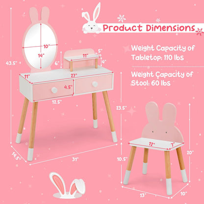 Costzon Kids Vanity, Girls Vanity Set with Mirror & Stool, 2 Large Drawers, Storage Shelf, Wooden Princess Makeup Dressing Table, Kids Vanity Table and Chair Set (Pink)
