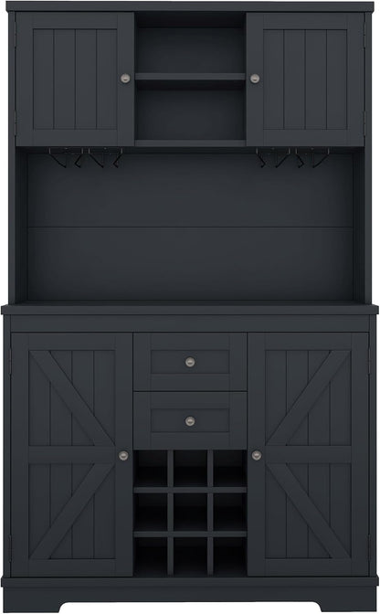 Merax 73.8" Kitchen Pantry Storage Cabinet, Freestanding Larder Cupboard, Kitchen Hutch Cabinet with Drawers Shelves and Cabinets, Buffet Cabinet Wine & Glass Racks for Dining Room, Living Room, Blue