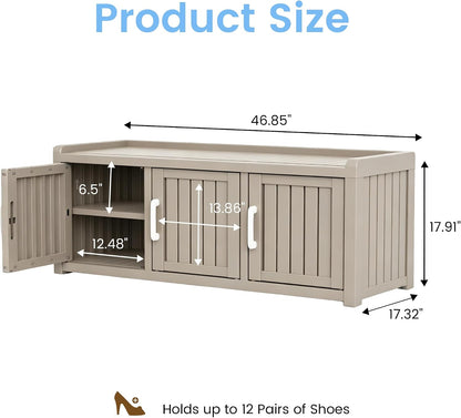 3 Doors Shoe Bench, Waterproof & UV-Resistant, Resin Shoe Cabinet Indoor & Outdoor Use, Entryway Bench with Adjustable Shelves & Hidden Storage Space for Bedroom, Hallway, Grey