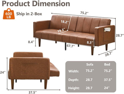 Garvee Modern Futon Sofa Bed, Convertible 75" Sleeper with Adjustable Backrest & Side Pockets, Mid-Century Brown PU Leather