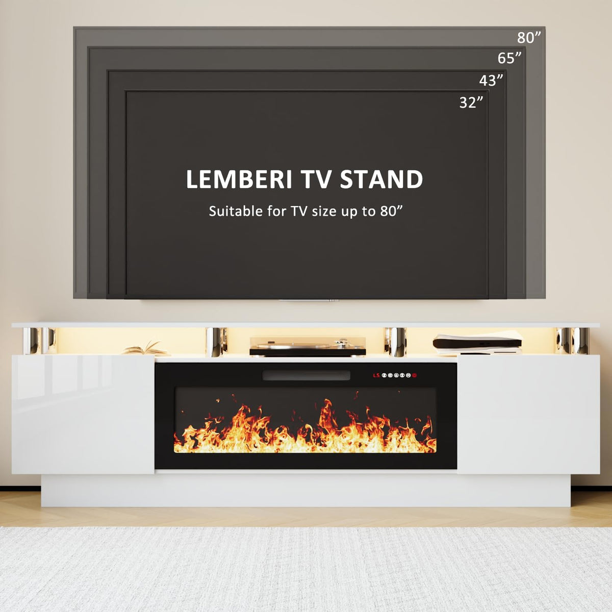 LEMBERI 70" Fireplace TV Stand for TVs up to 80", White | 36" electric fireplace, modern LED entertainment center, high gloss media console with storage cabinet for living room