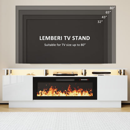 LEMBERI 70" Fireplace TV Stand for TVs up to 80", White | 36" electric fireplace, modern LED entertainment center, high gloss media console with storage cabinet for living room