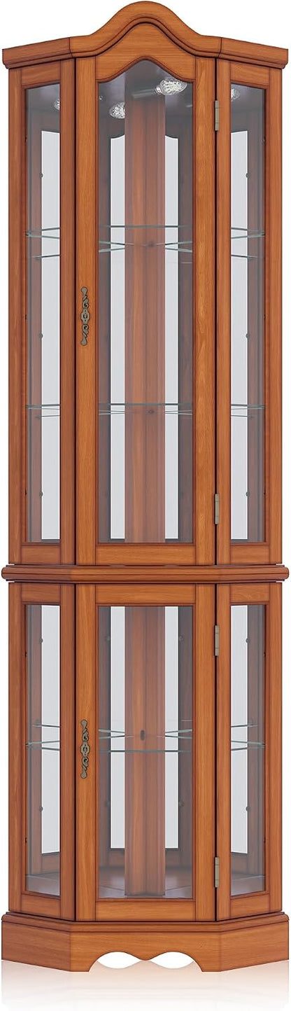 BELLEZE Lighted 3-Side Glass Display Curio Cabinet w/Tempered Glass Doors and Shelves, Curved Wood Corner Cabinet with Bulb, Corner Storage Rack for Living Room and Kitchen (Oak)