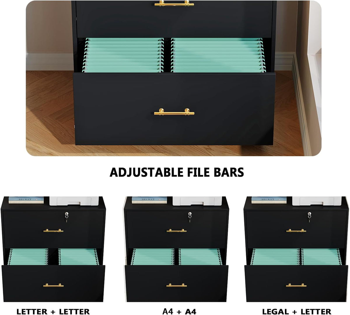 2 Drawer Lateral File Cabinet with Lock, Suitable for Letter/A4/F4/Legal Size Hanging Files,Large Wood Filing Storage Cabinets Printer Stand for Home Office,Black