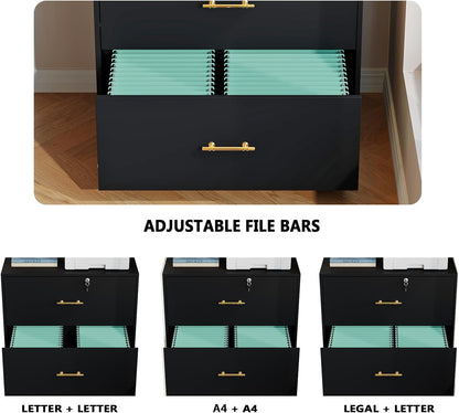 2 Drawer Lateral File Cabinet with Lock, Suitable for Letter/A4/F4/Legal Size Hanging Files,Large Wood Filing Storage Cabinets Printer Stand for Home Office,Black