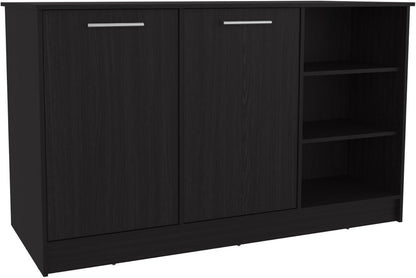 Kitchen Island with Three Open Shelves and Two Cabinets | Spacious 26" x 59" countertop with concealed storage and seating space