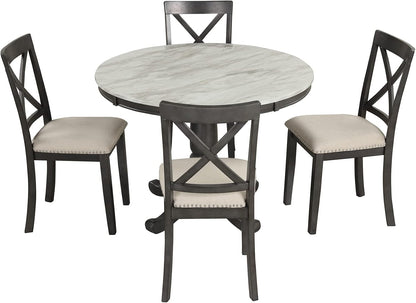 Merax 5 Piece Dining Table Set for 4, Solid Wood Kitchen Table Set with 4 Upholstered Chairs for Kitchen, Dining Room, Living Room, Grey
