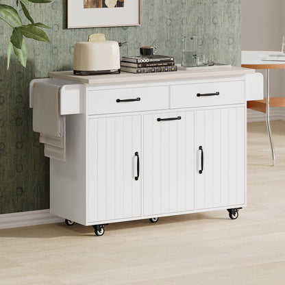 ZOEDO K&K Kitchen Island with Trash Can Storage Cabinet, Kitchen Cart with Drop Leaf, Spice Rack, Towel Rack and Drawer, Rolling Kitchen Island on Wheels with Adjustable Shelf, White