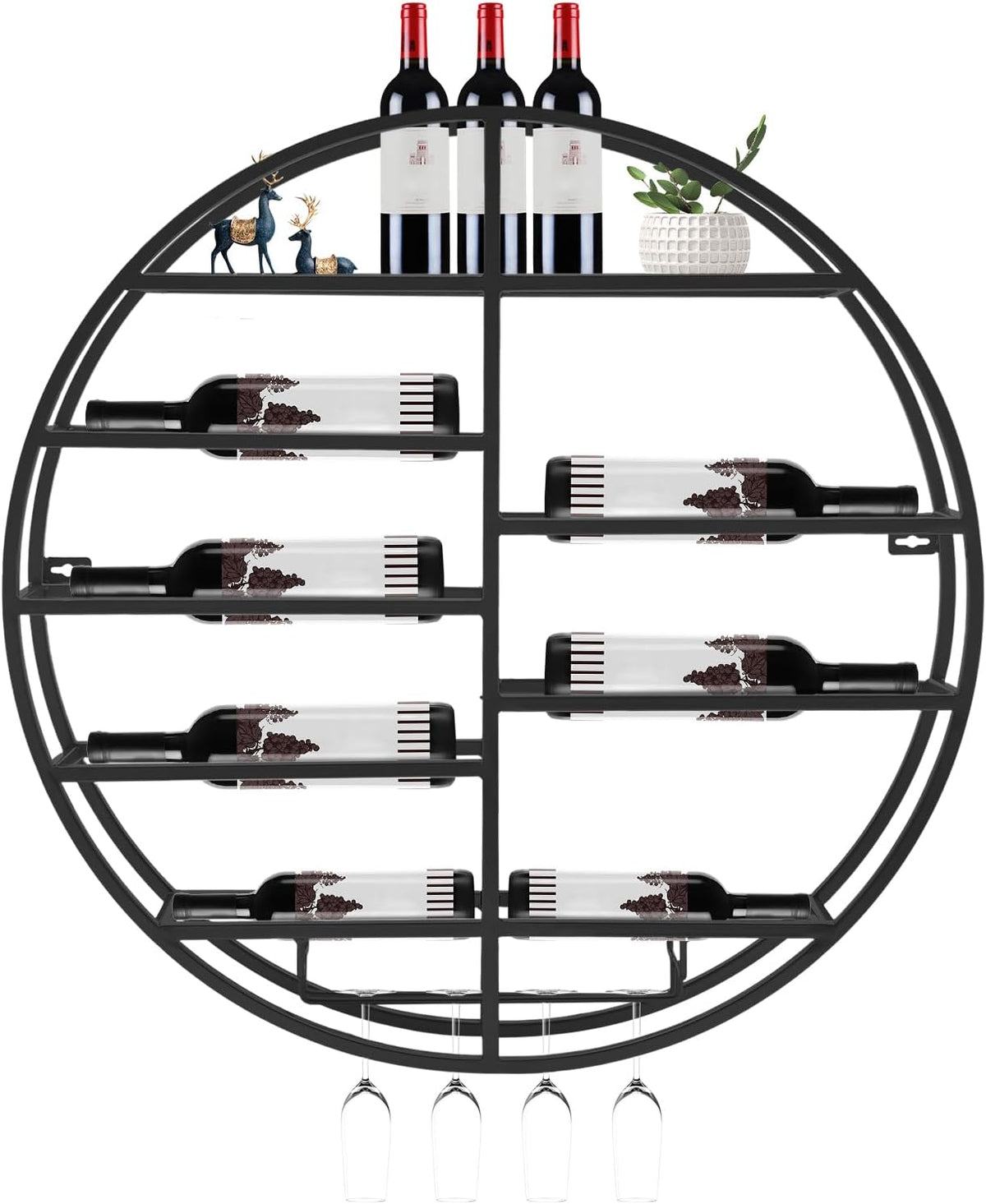 Round Wall Mounted Wine Rack with Wine Glass Shelf Goblet Holder- 23.6 Inch Floating Display Shelves Storage Organizer for 7 Bottles & 4 Glasses, for Home Bar, Kitchen, Dining Room