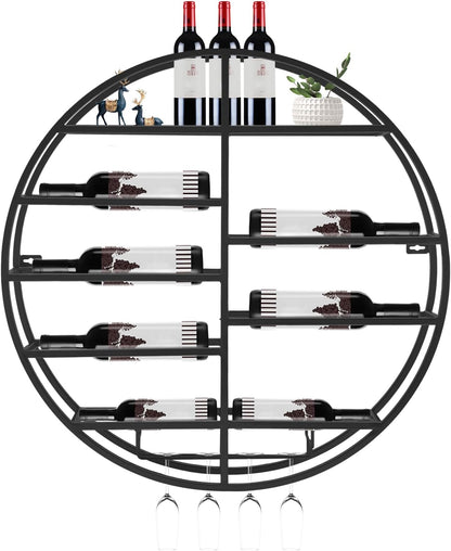 Round Wall Mounted Wine Rack with Wine Glass Shelf Goblet Holder- 23.6 Inch Floating Display Shelves Storage Organizer for 7 Bottles & 4 Glasses, for Home Bar, Kitchen, Dining Room