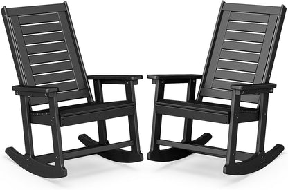 BRIOPAWS Outdoor Rocking Chairs | Set of 2 | Porch Rockers | HDPE Plastic| Black | Oversized | Patio Rocker Chair | High Back | for Big Man | Weather Resistant | for Outside Deck Balcony Backyard
