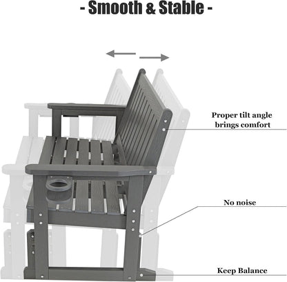Poly Lumber Patio Glider, HIPS Material Weather-Resistant Swing Bench for Outdoor Porch Garden, Gray