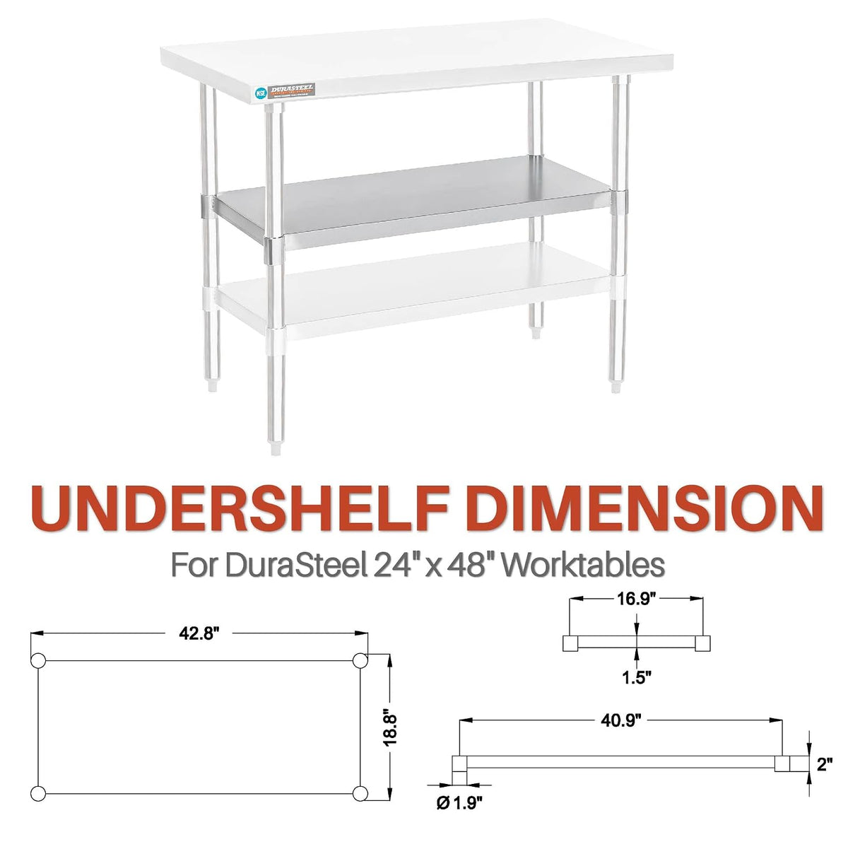 DuraSteel Galvanized Under Shelf for Work Tables - Extra Adjustable Lower Shelf for 24" x 48" Stainless Steel and Wooden Worktables - Fits for use in Restaurant, Warehouse, Home, Kitchen, Garage