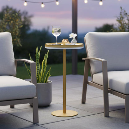 Martini Table, Small Round Drink Table with Weighted Base,Modern White & Gold Pedestal End Table with Tray Top Edge for Small Spaces, Living Room, Next to Sofa,24.7 "Tall