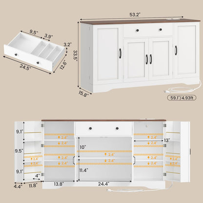 Brinlawb Buffet Cabinet with Storage & Charging Station, 53" Farmhouse Coffee Cabinet with Compartment Drawer, Sideboard Cabinets with Door and Adjustable Shelves for Kitchen, White