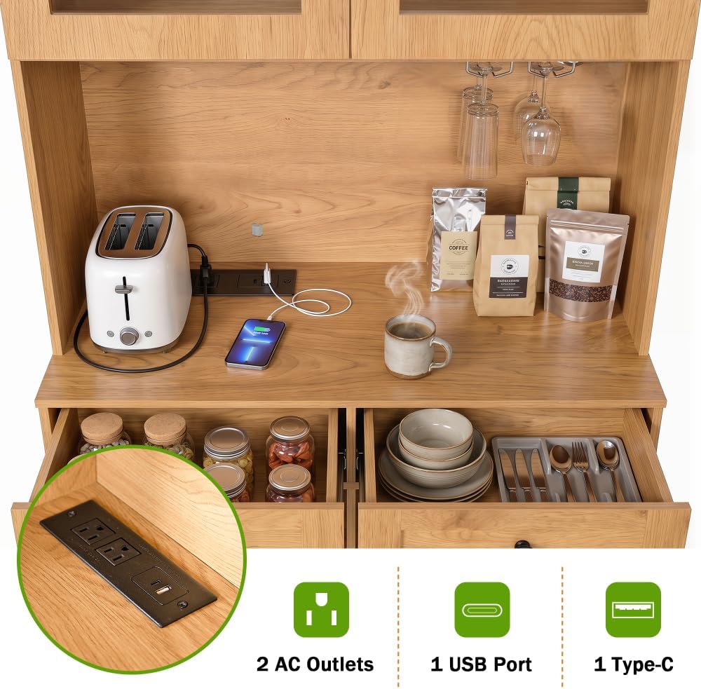 75" Farmhouse Tall Arched Pantry Cabinet with Charging Station, Adjustable Shelves, Coffee Bar Open Countertop, Oak (Oak + MDF)