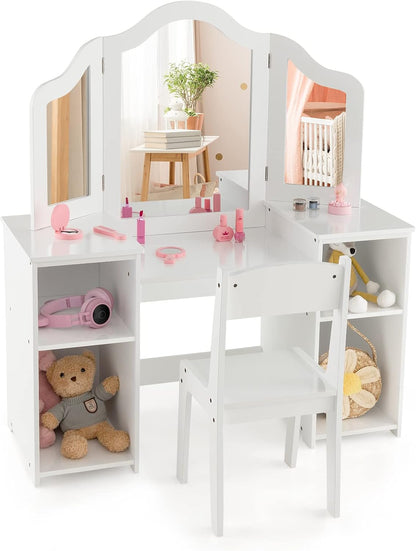 HONEY JOY Kids Vanity, Little Girls Vanity Set with Mirror and Stool, Storage Shelves, Wooden Princess Makeup Dressing Table, Toddler Vanity, Pretend Play Kids Vanity Table and Chair Set (White)