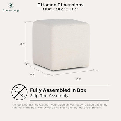 Studio Living Warren 18" Cube Ottoman, Urban Transitional, Fully Assembled, Soft Boucle Fabric, Snow
