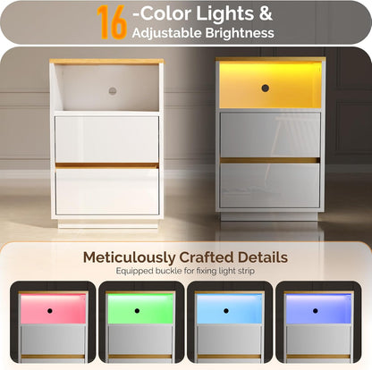VINGLI White Nightstand with Charging Station, High Gloss Led Night Stand with Drawers, End Table, Bedside Table, Smart Nightstand Modern, Small Night Stand for Bedroom, 15.63" W*11.61" D*23.62" H