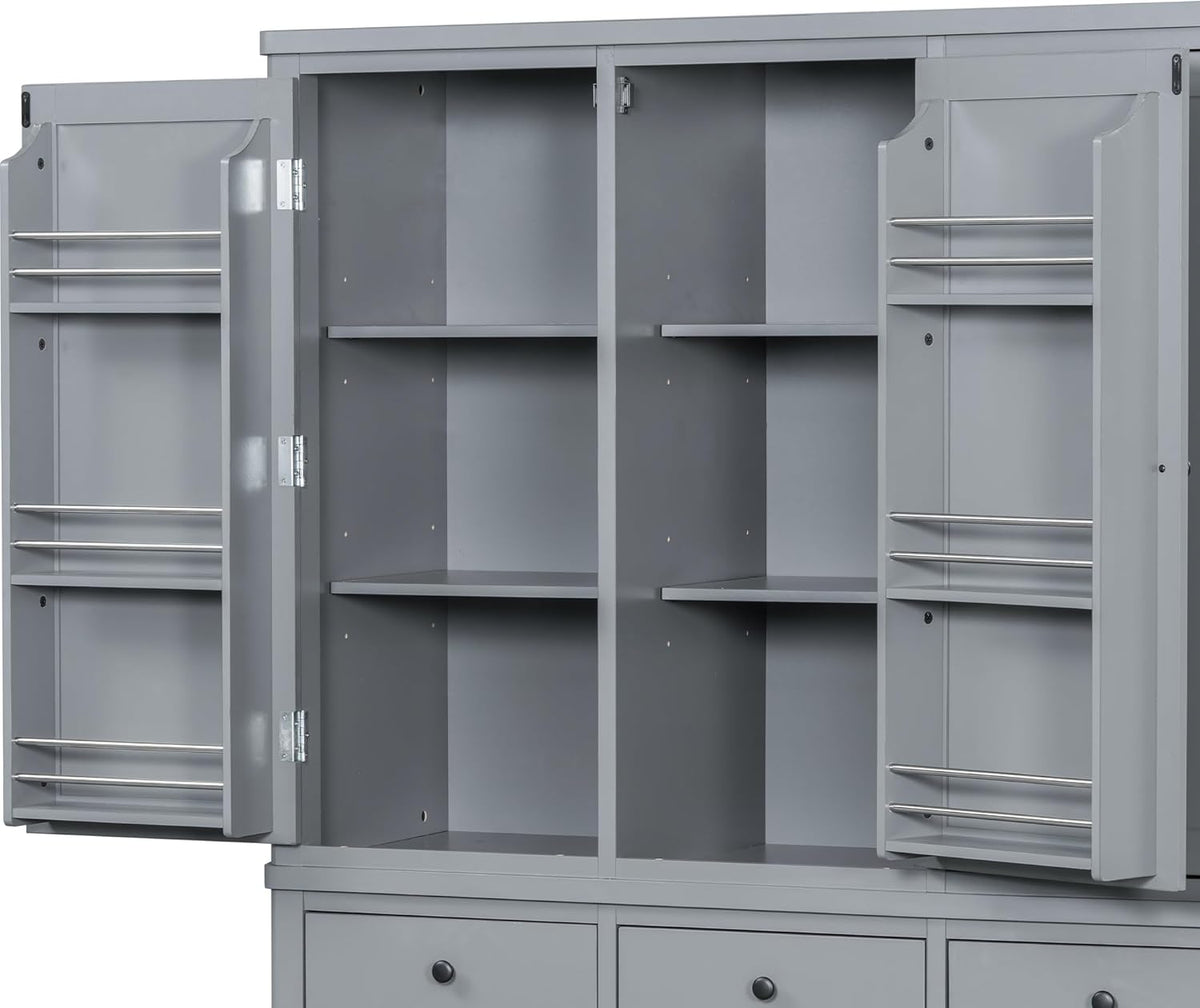 Merax 74.8'' Tall Kitchen Pantry Storage Cabinet with 6 Doors, 3 Drawers and Adjustable Shelves, Freestanding Large Cupboard & Pull-Out Trays for Kitchen, Dining Room, Living Room, Gray