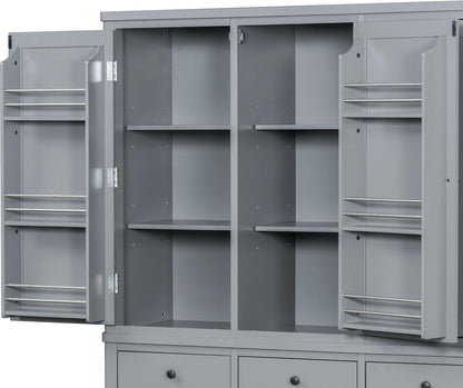 Merax 74.8'' Tall Kitchen Pantry Storage Cabinet with 6 Doors, 3 Drawers and Adjustable Shelves, Freestanding Large Cupboard & Pull-Out Trays for Kitchen, Dining Room, Living Room, Gray