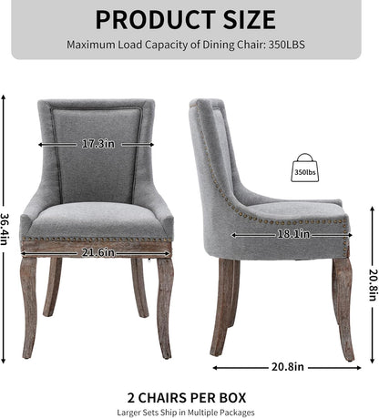 Modern Dining Chairs Set of 2, Fabric Upholstered High Back Chairs with Nailhead Trim and Curved Solid Wood Legs, Sillas de Comedor Accent Chairs for Dining Room, Gray