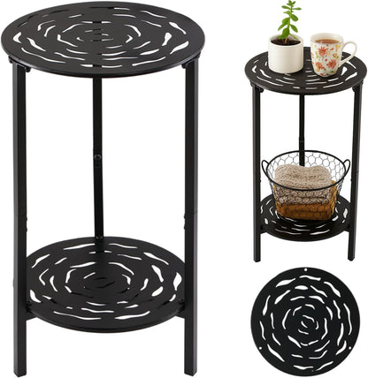 2-Tier Metal Round Side Table Black Accent Coffee Tables Small Space Corner Plant Stand Shelf for Indoor Outdoor Use Patio Balcony End Table Laser-Cut Floral Pattern Weather-Resistant