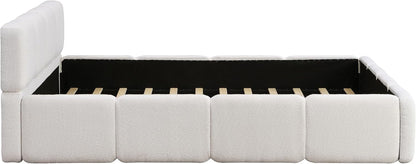Christopher Knight Home Hazel Queen Size Platform Bed, Boucle Thick Headboard and Footboard, Upholstery Grounded Beds, Block Style, Wood Slat Panel Support, No Spring Box Needed, Easy Assembly, White