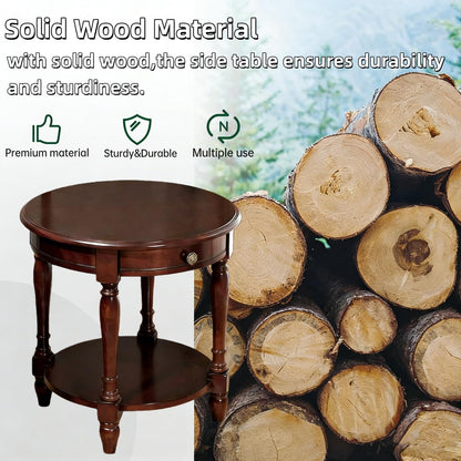 YUNMUAIR-Solid Wood End Table,Round Side Table with Drawers,Vintage Nightstand,Sofa Side Tables with Storage Shelf,Traditional Retro End Tables for Small Spaces,Living Room,Bedroom,Dark Brown