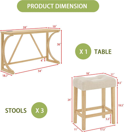 Merax 59 Inch Industrial Bar Table Set with Power Outlet, 3 Linen Upholstered Stools, Counter Height Table Set with 24 Inch Seat Height Stools for Kitchen, Living Room,Light Oak+Beige