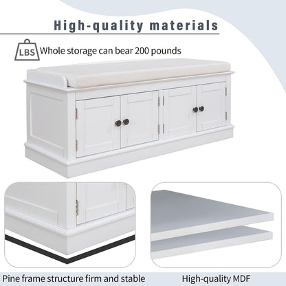 SOFTSEA 42.7" Shoe Bench with Padded Seat Cushion, 2-Tier Entryway Bench with 4 White Doors and Adjustable Shelves, Shoe Cabinet for Entryway, Bedroom, Living Room, White